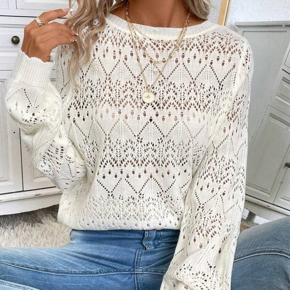 . Sweaters - White Boho Womens Solid Pointelle Knit Sweater